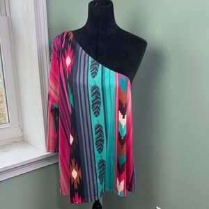 NWT Crazy Train Pink and Teal aztec one shoulder top 2X